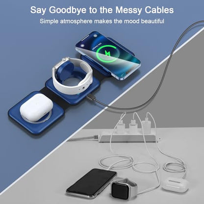 3 in 1 Wireless Charging Station for Apple,Foldable Magnetic Travel Charger - color: deep blue