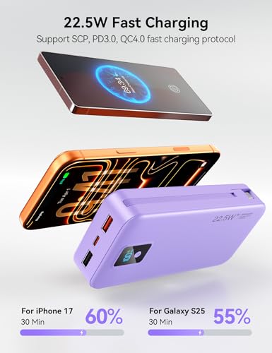 Portable Charger 20000mAh 22.5W w/Built-in Cable & Wall Plug Purple - color: Violet