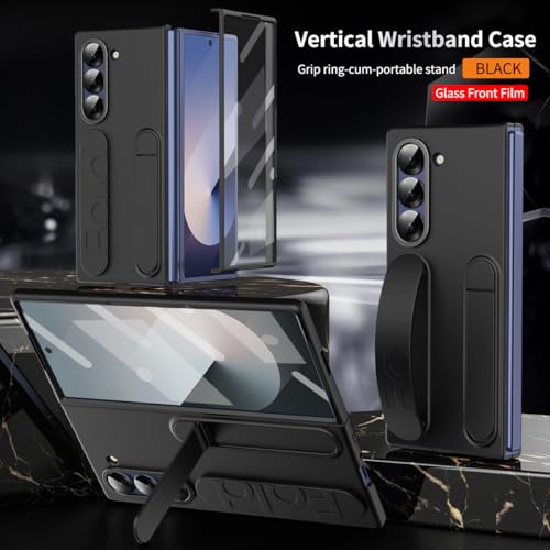 for Samsung Galaxy Z Fold 6 Protect Case with Wristband Stand,Bulit-in Screen & Lens Protection Shockproof Full Body Drop Fall Protection.(Black) - color: Black