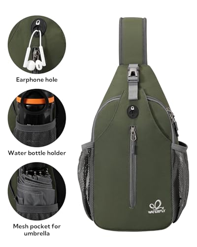 WATERFLY Crossbody Sling Backpack Sling Bag Travel Hiking Chest Bag Daypack | Small Hiking bag,Multi-compartment storage,Water-resistant,Breathable back pad,Reversible adjustable shoulder strap - color: Dark Green