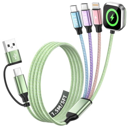 Camping Essentials 4 in 2 Multi Charging Cable for Apple Watch Charger 5FT - color: Green&Pink&Purple&Blue, size: AC to 2C+L+iWatch