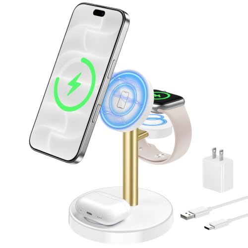 Aeinidi 3 in 1 Fast Wireless Charging Station for Apple MagSafe Charger - color: Gold White, size: 15W