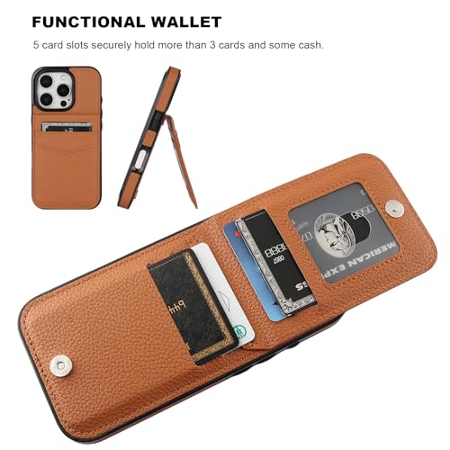 KIHUWEY for iPhone 16 Pro Wallet Case Card Holder, Lichee Light Brown | Credit Card Slots, PU Leather, Kickstand, Magnetic, Flip Heavy Duty Protection Cover for Men Women - color: Lichee Light Brown