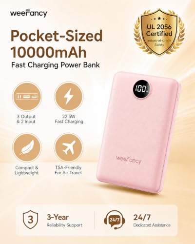 Small Portable Charger 10000mAh 20W Fast Charging Mini Power Bank, Pink - color: Pink
