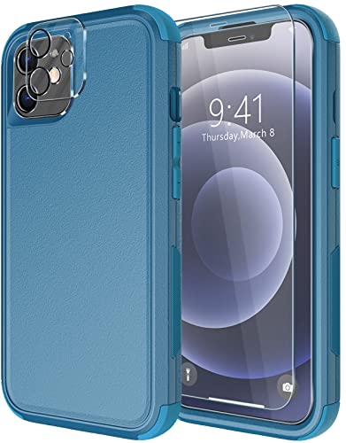 Diverbox for iPhone 12 case [Shockproof] [Dropproof] [Tempered Glass Screen Protector + Camera Lens Protector],Heavy Duty Protection Phone Case Cover for Apple iPhone 12(Blue) - color: Blue-3in1