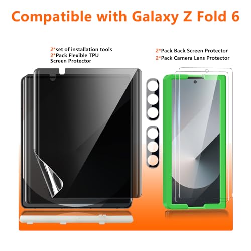 [2Set 6PCS] Screen Protector for Galaxy Z Fold 6, 2 Inner TPU Privacy Films + 2 Outer Tempered Glass + 2 Camera Lens Protecters with Positional Mouting Frame, No Creases, No Bubbles