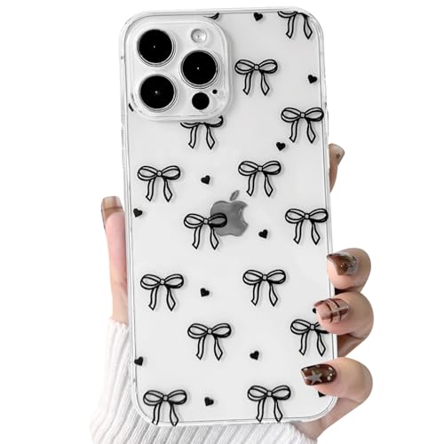 NITITOP Compatible with iPhone 13 Pro Max Case Clear Cute Bow Ribbon Love Heart Pattern for Women Girls Bowknot Full Camera Lens Soft TPU Slim Shockproof Protective Cover - Black - color: Black, size: iPhone 13 Pro Max
