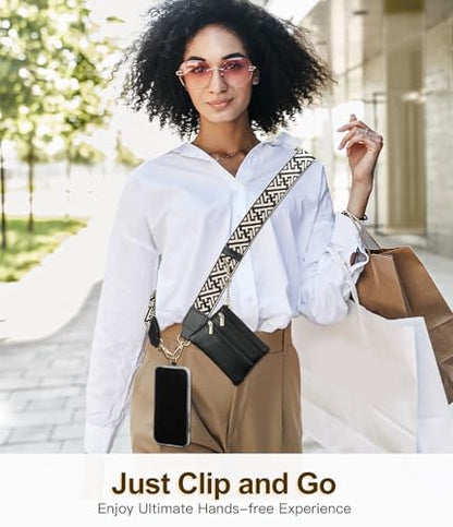 TiMOVO Clip and Go Phone Strap Crossbody with Leather Wallet, Adjustable Anti-Theft Lanyard with Pouch for Most Phone Case - color: Black Striped