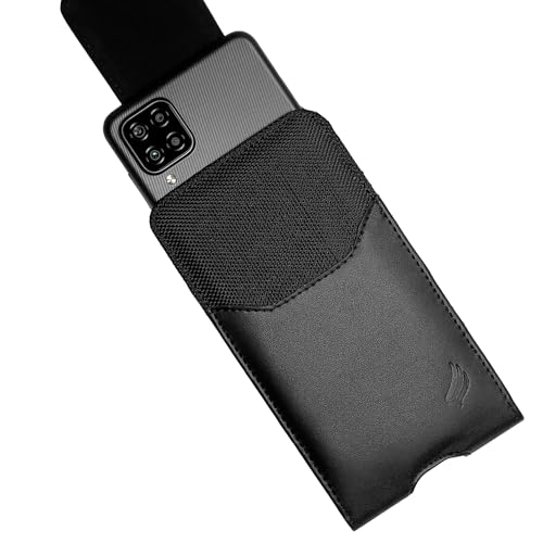 Leather Cell Phone Holster for Cricket Debut, Icon, AT&T Radiant Core, Calypso 2, Moto E6, G7 Play, Alcatel Onyx, REVVLRY REVVL2 - Vertical Case Waist Carrying Pouch with Belt Clip/Loops, Black - size: Small