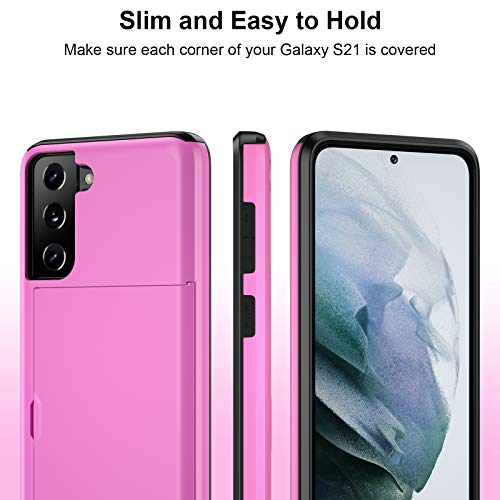 Jiunai for Samsung Galaxy S21 Case Wallet Credit Card IDs Cash Holder Pink | Slide Cover Dual Layer Hybrid Protective Hard PC Soft TPU Rubber Cover Phone Case for Samsung Galaxy S21 5G 6.2'' Women Men - color: Pink