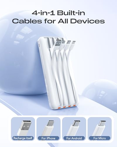 Orfeika 20000mAh Power Bank, Portable Charger with 4 Built-in Cables - color: White
