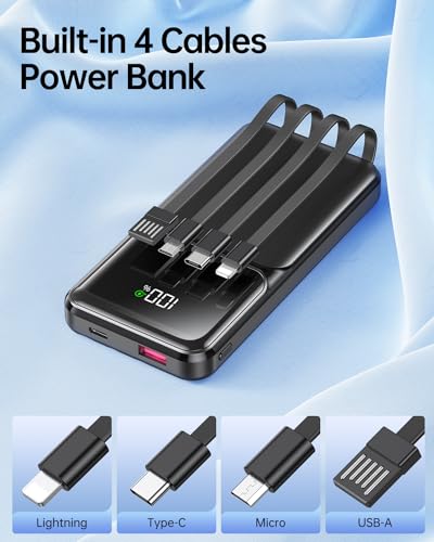 Portable Charger Power Bank with Built in Cable 20000mAh Fast Charging - color: Black