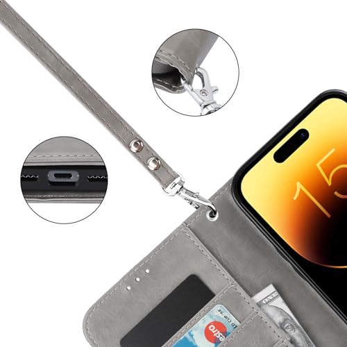 Bocasal Detachable Wallet Case Card Holder for iPhone 15 Pro Max Grey | RFID Blocking Kickstand Card Slots Holder PU Leather Magnetic Shockproof Wrist Strap Removable Flip Protective Cover 6.7 inch - color: Gray