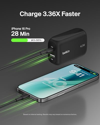 Belkin 42W Dual Port USB C and USB A Charger Block, Fast Charging - color: Black