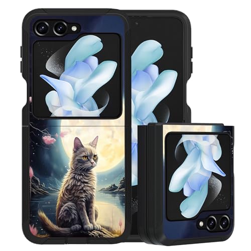 for Samsung Galaxy Z Flip 5 Case, Heavy Duty Dual Layer Hybrid Military Grade Shockproof Drop Folding Protective Cover for Samsung Galaxy Z Flip 5 5G 2023 - Cat Under The Moon - color: Cat Under The Moon-1