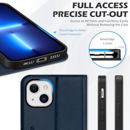 SHIELDON Genuine Leather Case Wallet for iPhone 13 6.1" 2021, Navy Blue | Magnetic Closure, RFID Blocking, Credit Card Slot, Kickstand, Flip Book Design, Shockproof Phone Cover - color: Navy Blue