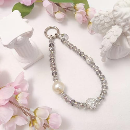 Cute Phone Wrist Strap Chic Beaded Cellphone Lanyard Phone Charm Grip Strap - color: Glitter Grey