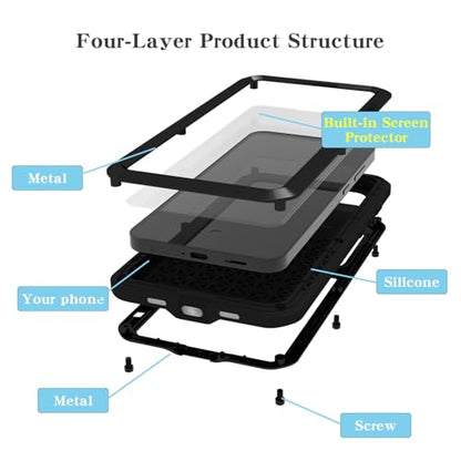 LOVE MEI Military Rugged Case for Samsung Galaxy S25 FE 5G, with Tempered Glass Screen Protector, Shockproof Dustproof Scratch Proof Hybrid Metal and Silicone Gel Heavy Duty Full Body Cover (Black) - color: Black