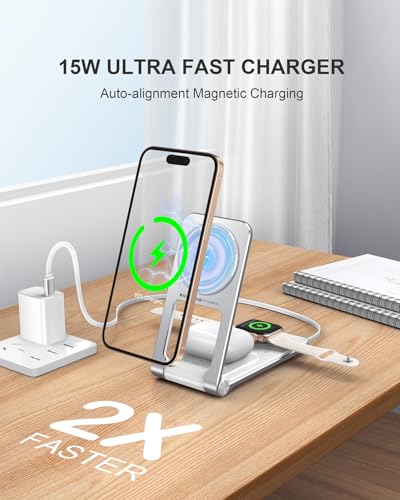 3 in 1 Magnetic Wireless Charger,Foldable Charging Station Built-in Retractable Cable,15W Portable Wireless Charging Stand for iPhone 16 15 14 13 12,Apple Watch,AirPods (20W Adapter) (White) - color: White