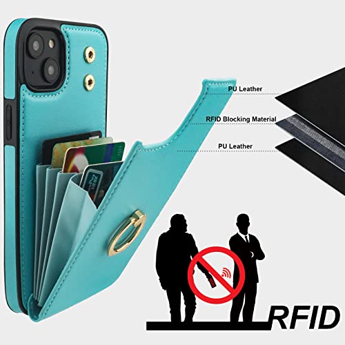 Folosu Compatible with iPhone 14 Plus Case Wallet with Card Holder, 360°Rotation Finger Ring Holder Kickstand, RFID Blocking Leather Protective Double Buttons Shockproof Cover 6.7 Inch Green - color: Mint Green, size: iPhone 14 Plus