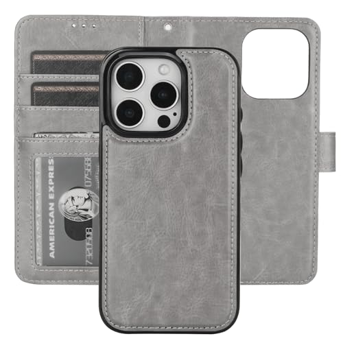 Bocasal Detachable Wallet Case Card Holder for iPhone 16 Pro, Grey | RFID Blocking Kickstand Card Slots Holder PU Leather Magnetic Shockproof Wrist Strap Removable Flip Protective Cover 6.3 inch - color: Gray