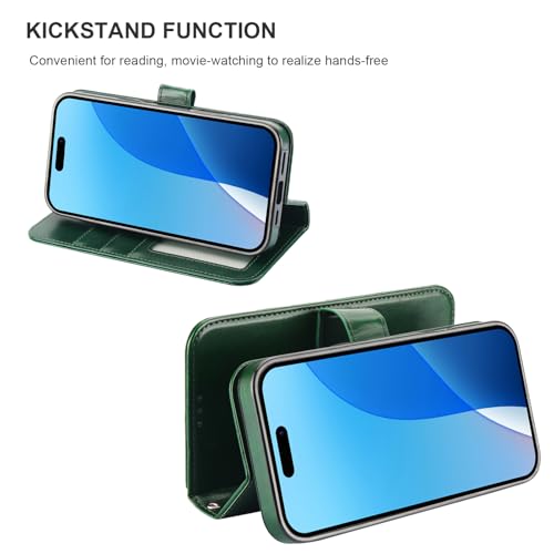 Bocasal Detachable Wallet Case Card Holder for iPhone 16 Pro Max Green | RFID Blocking Kickstand Card Slots Holder PU Leather Magnetic Shockproof Wrist Strap Removable Flip Protective Cover 6.9 inch - color: Green