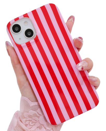 Striped case for iPhone 13/14 Red/Pink | Aesthetic Striped，Full Protection Soft TPU，will not peel, fade or rub off ，Kawaii Cute Phone Case for Women Girls - color: Imd Striped Red/Pink