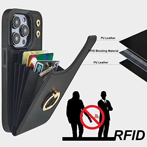 Folosu Compatible with iPhone 14 Pro Case Wallet with Card Holder, 360°Rotation Finger Ring Holder Kickstand, RFID Blocking Leather Protective Double Buttons Shockproof Cover 6.1 Inch Black - color: Black, size: iPhone 14 Pro