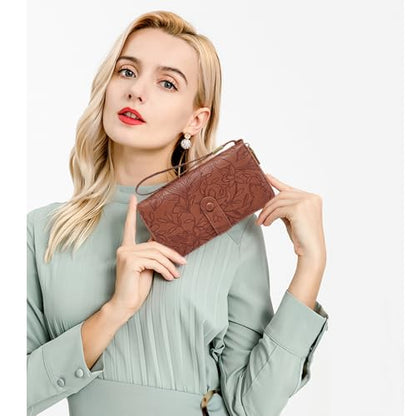 SENDEFN Women's Credit Card Holder RFID Blocking Zip Around Leather Wallet Large Capacity Long Purse with Wristlet - color: Brown
