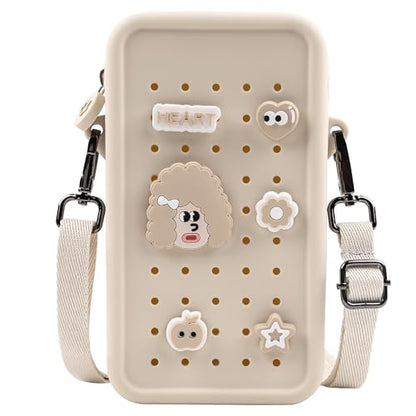 Silicone Crossbody Bag for Women, DIY Charm Compatible Perforated Hole Design, Compact Waterproof Lightweight Phone Purse with Adjustable Strap for Daily Use (Beige) - color: Beige