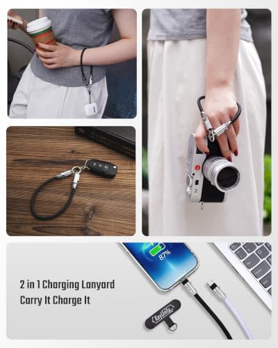KeyUnity Phone Lanyard with USB C Charging Cable 2 in 1 Braided Strap Wrist and Crossbody Lanyard Universal Phone Strap - color: Black, size: 18cm