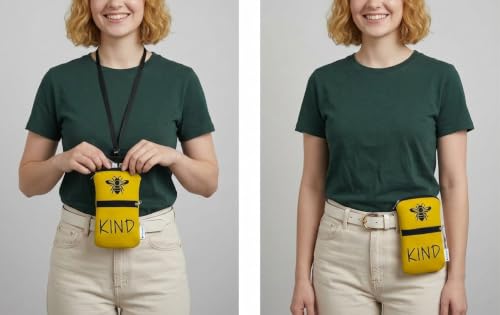 Tainada Dual Zipper Neck Cell Phone Pocket Pouch w/Belt Loop (Be Kind Bee) | For Men/Women; Water-resistant neoprene material, shockproof, lightweight, w/carabiner; Compatible with most of smartphones - color: Be Kind Bee