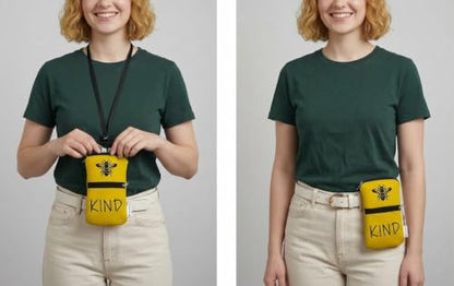 Tainada Dual Zipper Neck Cell Phone Pocket Pouch w/Belt Loop (Be Kind Bee) | For Men/Women; Water-resistant neoprene material, shockproof, lightweight, w/carabiner; Compatible with most of smartphones - color: Be Kind Bee