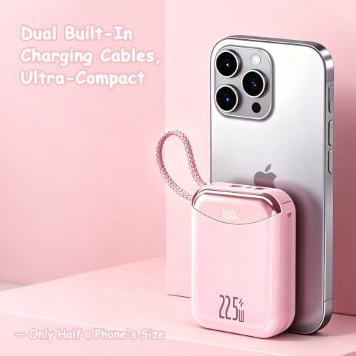 10000mAh Portable Charger with Built-in USB-C & Light-ning Cables, 22.5W Fast Charging Power Bank, Travel Battery Pack with LED Display for iPhone Samsung Android – Flight Approved - color: Pink