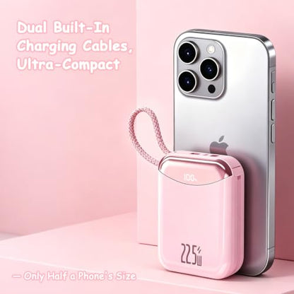10000mAh Portable Charger with Built-in USB-C & Light-ning Cables, 22.5W Fast Charging Power Bank, Travel Battery Pack with LED Display for iPhone Samsung Android – Flight Approved - color: Pink