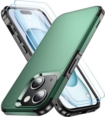Shockproof for iPhone 15 Case,[15 FT Military Grade Drop Protection],with 2X [Tempered Glass Screen Protector ] with Air Bumpers Full-Body Protective Phone Case, Dark Green - color: Dark Green