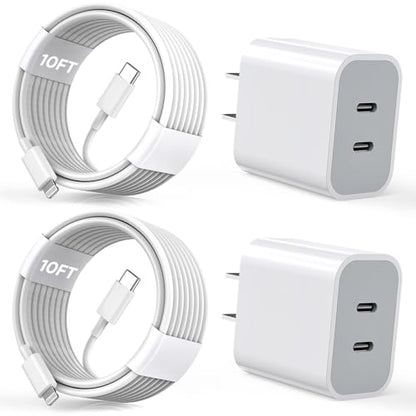 10FT iPhone Fast Charger,[Apple MFi Certified] 2Pack PD Dual Apple Fast Charger USBC Charge Block 10Foot Lightning Cable Cord Quick Charging for iPhone 14/Pro/Pro Max/Plus/13/12/11/XS/XR/X/SE2022/iPad