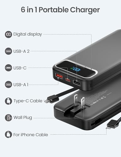 aonidi Portable Charger 12000mAh with Built-in Cables&AC Wall Plug, Black - color: Pitch Black