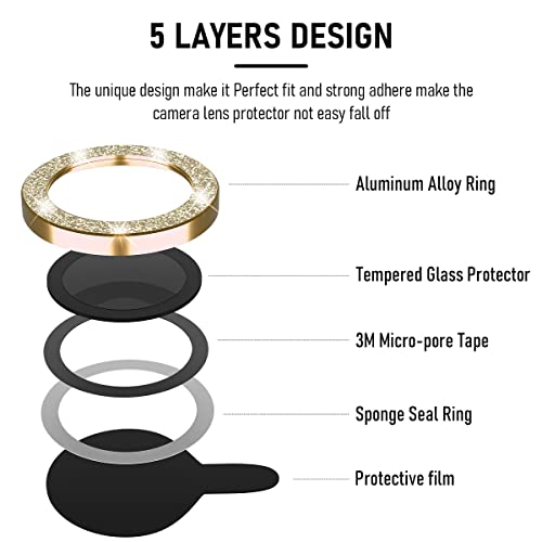 Suoman 3-Pack for iPhone 13 Pro 6.1 inch / 13 Pro Max 6.7 inch Camera Lens Protector, 9H Hardness Tempered Glass Film, [Glitter diamonds] Individual Metal Protective Cover - Gold - color: Gold
