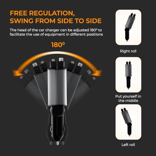 Retractable Fast Car Charger 100W for CarPlay, 4-in-1 Car Charger Adapter with 31.5" Built-in Cables & Dual USB Ports, Compatible with iPhone 11, 12,13,14,15,16,17 & Samsung Devices, Tablets and More