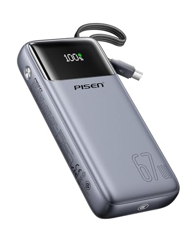 PISEN 3C Certified Power Bank - 20000mAh 67W CCC Power Bank with Built in Cable, Travel Battery Pack Portable 3C Charger with LED Display, 67W Portable Charger with Built in Cable for iPhone, MacBook