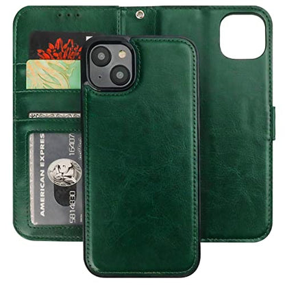 Bocasal Detachable Wallet Case Card Holder for iPhone 14 Plus, Green | RFID Blocking Kickstand Card Slots Holder PU Leather Magnetic Shockproof Wrist Strap Removable Flip Protective Cover 6.7 inch - color: Green