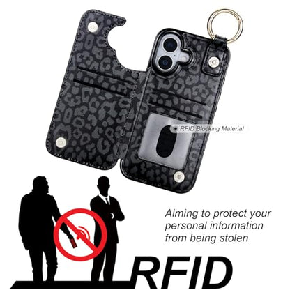 HAOPINSH Wallet Case for iPhone 17 with Card Holder, Black Leopard Cheetah Print Back Flip Folio PU Leather Kickstand Card Slots Case, Finger Grip Ring Double Magnetic Clasp Shockproof 6.3" - color: Black Leopard Grip Ring