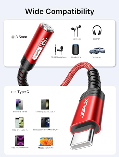 JSAUX USB C to 3.5mm AUX Audio Adapter for iPhone 17/15, Galaxy S25, Red - color: Red, size: 1 x 0.6ft