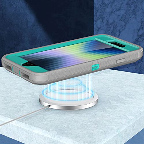 MXX Designed for iPhone SE Case 2020/2022 Heavy Duty Protective Case with Screen Protector [3 Layers] Rugged Rubber Protection Cover & Rotating 360 Degree Belt Clip SE 3rd/2nd Gen (Gray/Light Blue) - color: Gray/Light Blue
