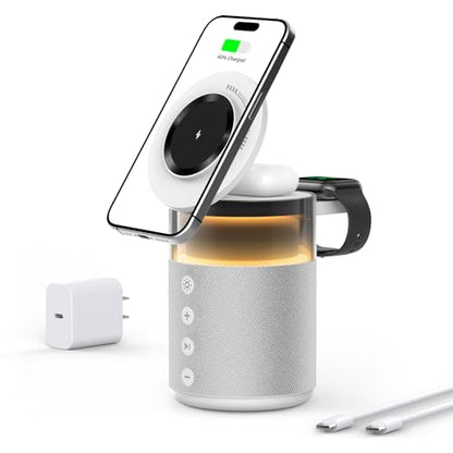 5-in-1 Magnetic Wireless Charging Station for Apple Device, Portable Bluetooth Speaker with Adjustable Night Light, 33W Fast Charger Stand for iPhone 17/16/15/14/13 Pro Max, Apple Watch, AirPods - color: White