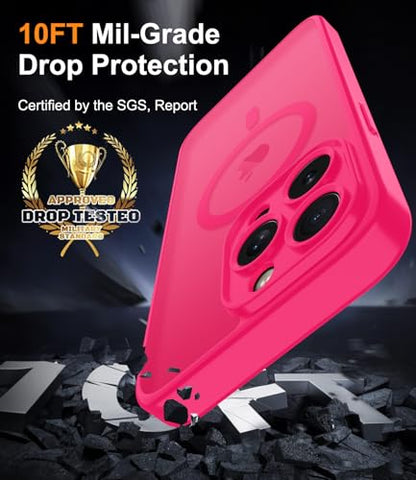 Magnetic Case for iPhone 16 Pro Case with Screen Protector+Wrist Strap | Compatible with MagSafe,Full Camera Protection,Slim Translucent Matte Phone Cover,Hot Pink - color: Hot Pink