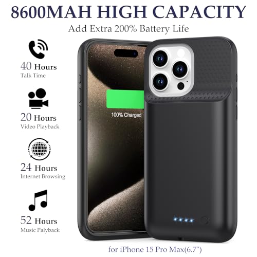 Battery Case for iPhone 15 Pro Max, [2025 Upgraded] 8600mAh Battery Charging Case, Anti-Fall Protection Rechargeable Extended Charger Cover for iPhone 15 Pro Max (6.7inch) Black