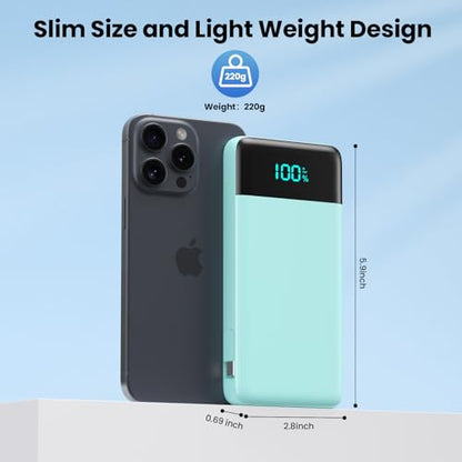 Portable Charger for iPhone with Built-in Cables and Wall Plug,Upgraded 13800mAh Fast Charging USB C Power Bank,4 Outputs Slim Travel Essentials Battery Pack for iPhone 17/16/14,Galaxy,Android-Green - color: Green