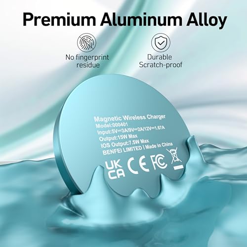 BENFEI Magnetic Wireless Charger Compatible with MagSafe for iPhone 17/16/15/14/13/12, Aluminum, up to 7.5W, 1.5m Cable - color: Teal